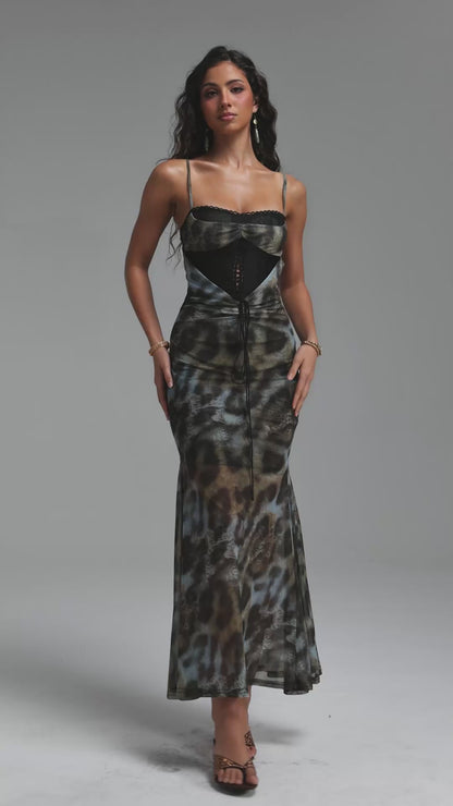 Abstract Animal Print Lace-Trim Corset Maxi Dress