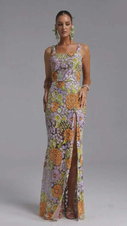 Vibrant Floral Embroidered Scoop-Neck Column Gown