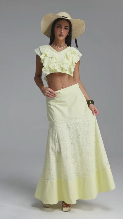 Sunny Eyelet Ruffle Crop Top & Maxi Skirt Two-Piece Set