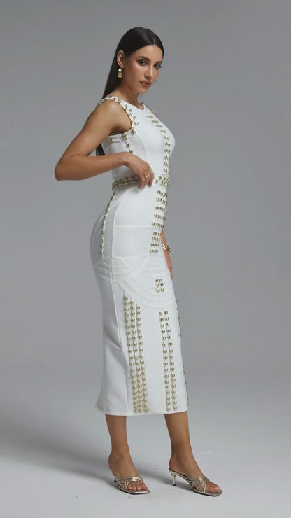Elegance Defined: White Gold-Embellished Sculpting Midi Dress