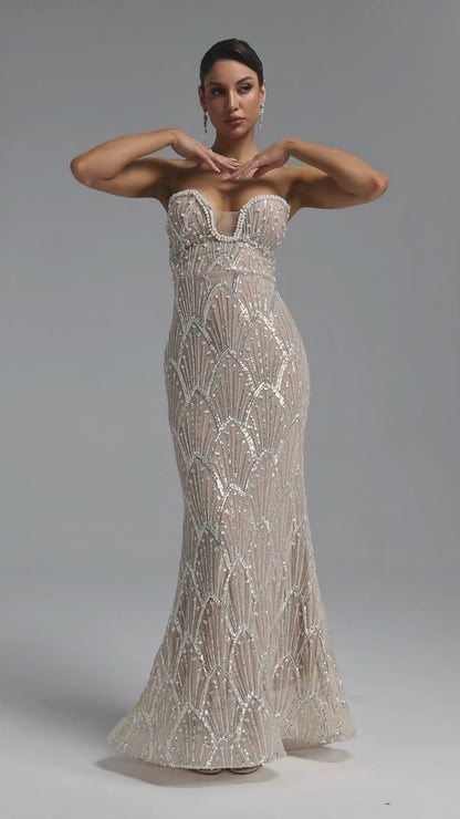 Art Deco Beaded Illusion Strapless Gown - Nude & Silver