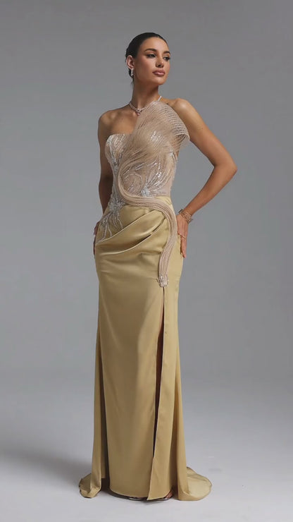 Champagne Gold Sculptural Illusion Evening Gown
