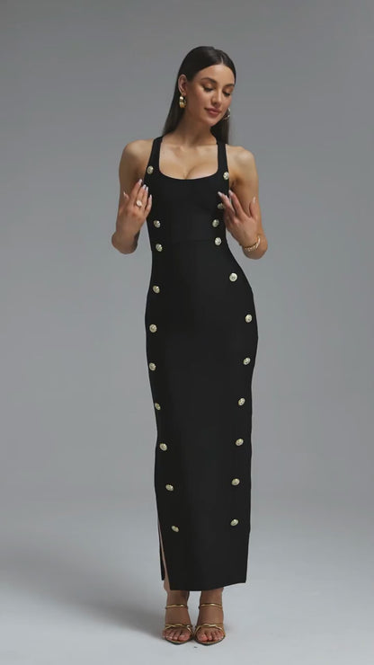 Gold Button Tailored Bodycon Midi Dress - Black