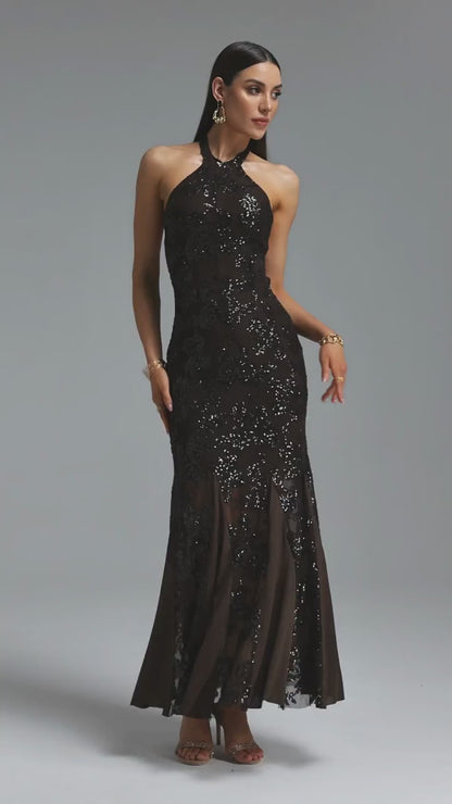 Chocolate Brown Sequin Floral Halter Evening Gown