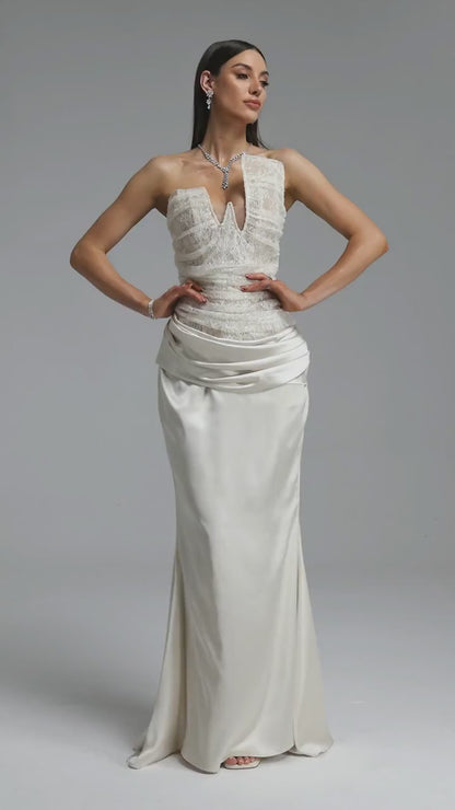 Asymmetrical Lace and Satin Draped Evening Gown - Ivory