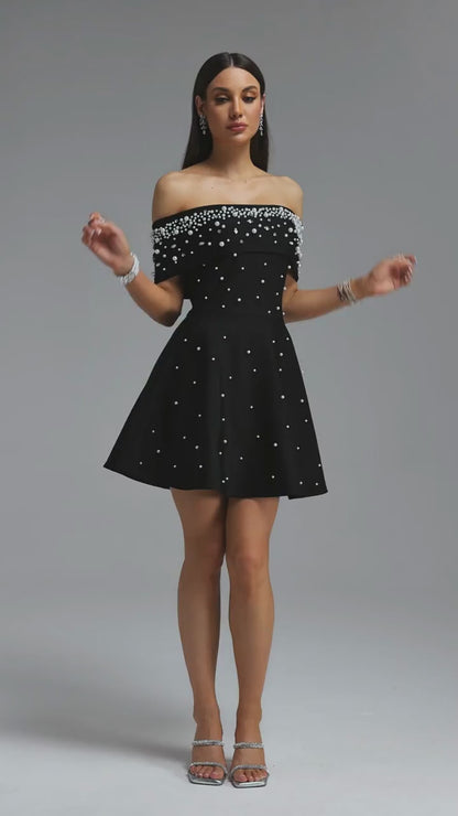 Pearl-Embellished Off-the-Shoulder Skater Dress - Black