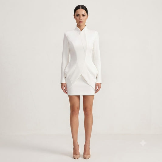 Architectural Crossover Tailored Mini Dress - Pristine White